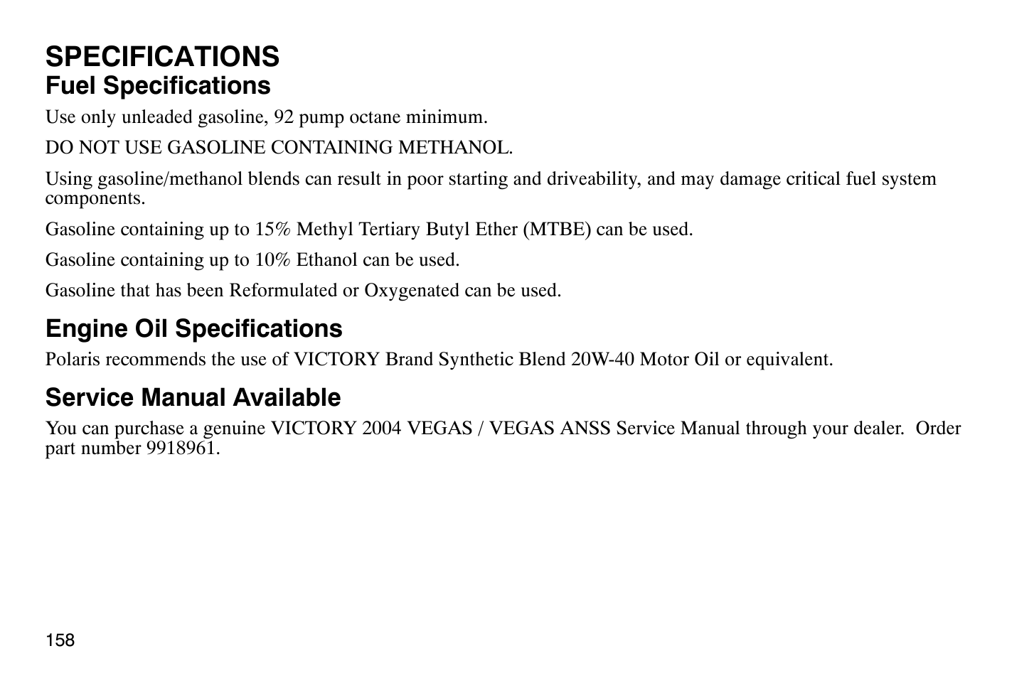 Specifications | Polaris 2004 Victory Vegas User Manual | Page 160 / 165