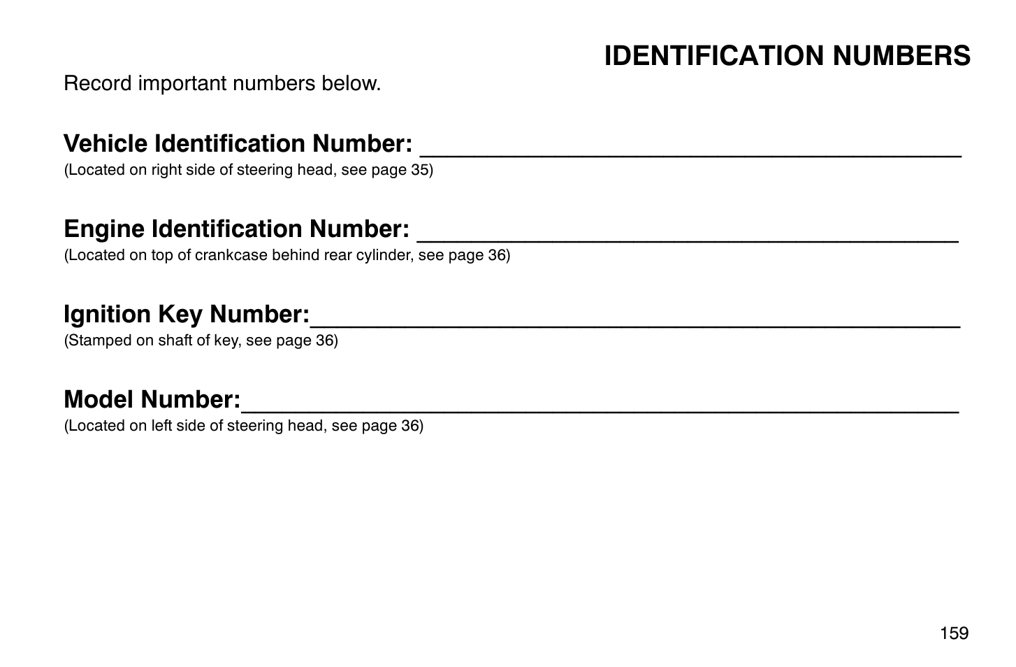 Identification numbers, Vehicle identification number, Engine identification number | Ignition key number, Model number | Polaris 2004 Victory Vegas User Manual | Page 161 / 165