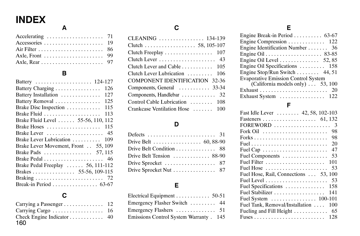 Index | Polaris 2004 Victory Vegas User Manual | Page 162 / 165