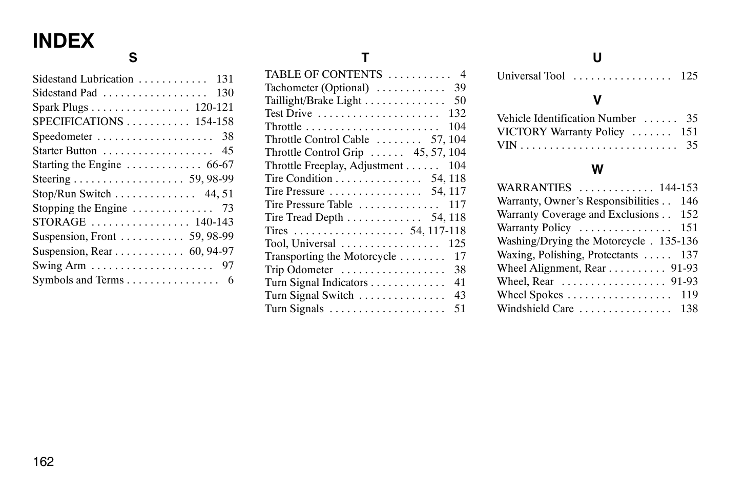 Index | Polaris 2004 Victory Vegas User Manual | Page 164 / 165