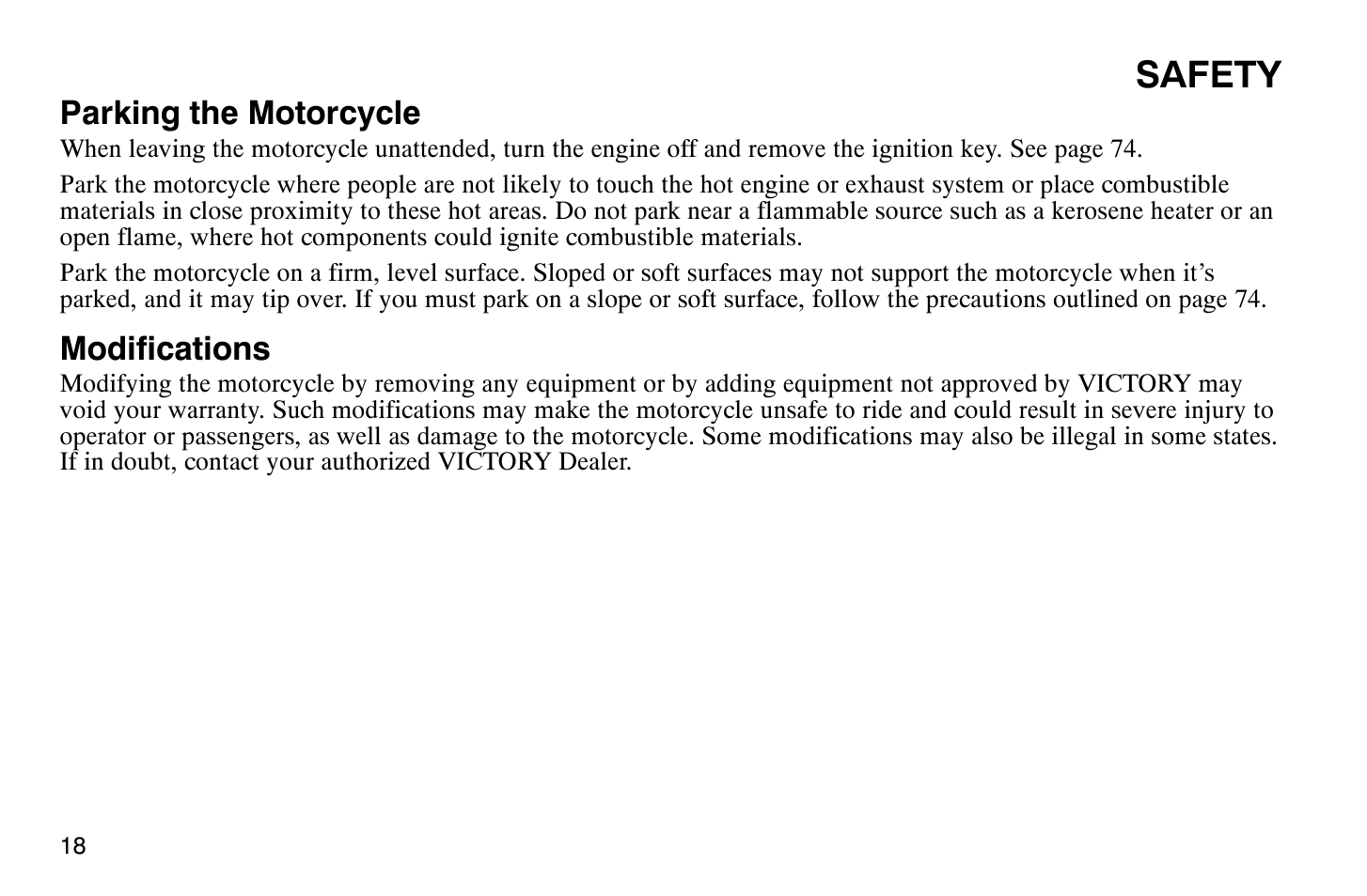 Safety, Parking the motorcycle, Modifications | Polaris 2004 Victory Vegas User Manual | Page 20 / 165