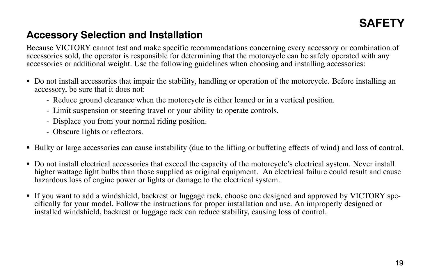Safety, Accessory selection and installation | Polaris 2004 Victory Vegas User Manual | Page 21 / 165