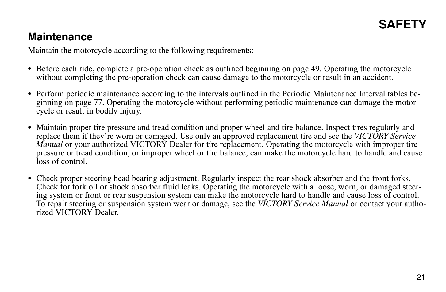 Safety, Maintenance | Polaris 2004 Victory Vegas User Manual | Page 23 / 165