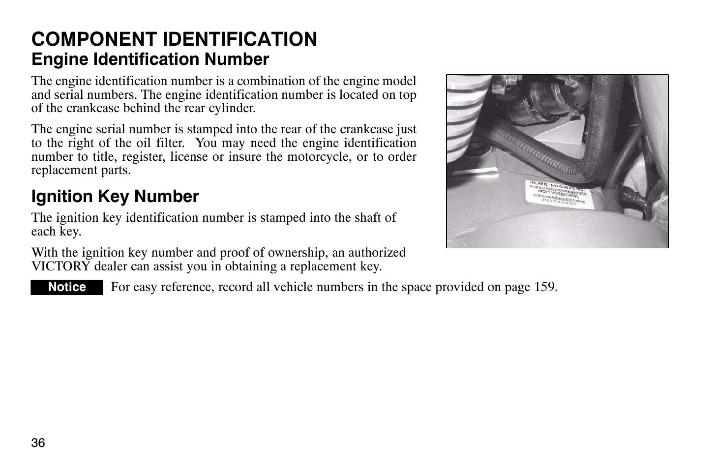 Component identification, Engine identification number, Ignition key number | Polaris 2004 Victory Vegas User Manual | Page 38 / 165