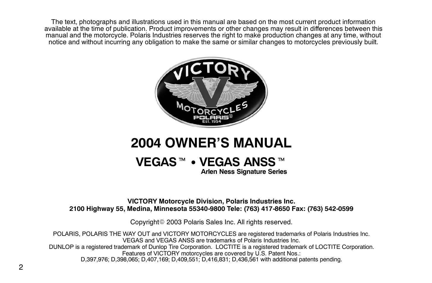 2004 owner’s manual, Vegas t s vegas anss t | Polaris 2004 Victory Vegas User Manual | Page 4 / 165