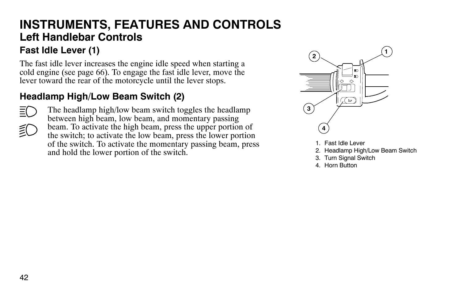 Instruments, features and controls, Left handlebar controls | Polaris 2004 Victory Vegas User Manual | Page 44 / 165