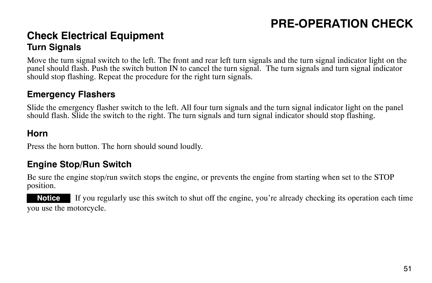 Pre-operation check, Check electrical equipment | Polaris 2004 Victory Vegas User Manual | Page 53 / 165