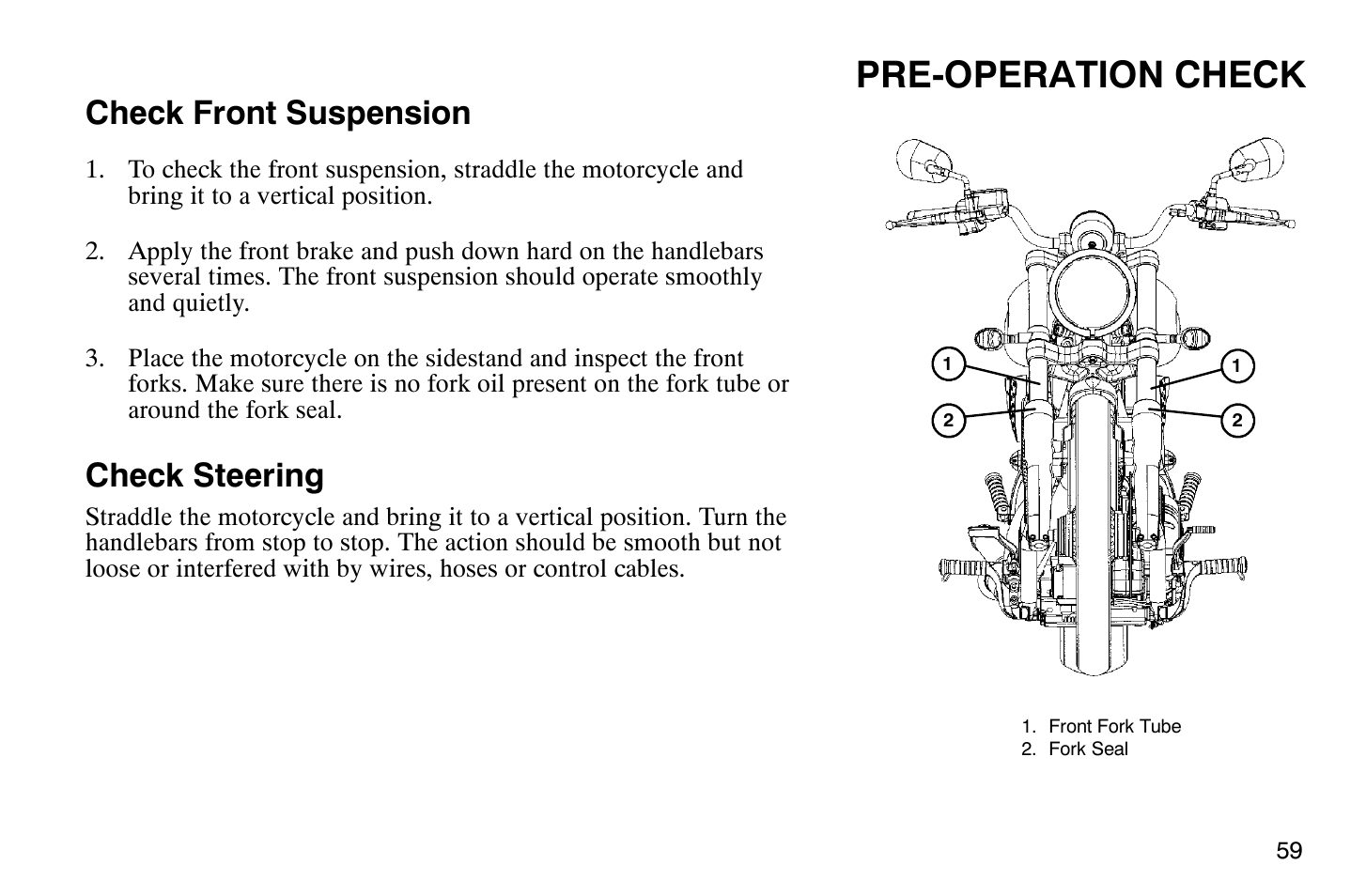 Pre-operation check, Check front suspension, Check steering | Polaris 2004 Victory Vegas User Manual | Page 61 / 165