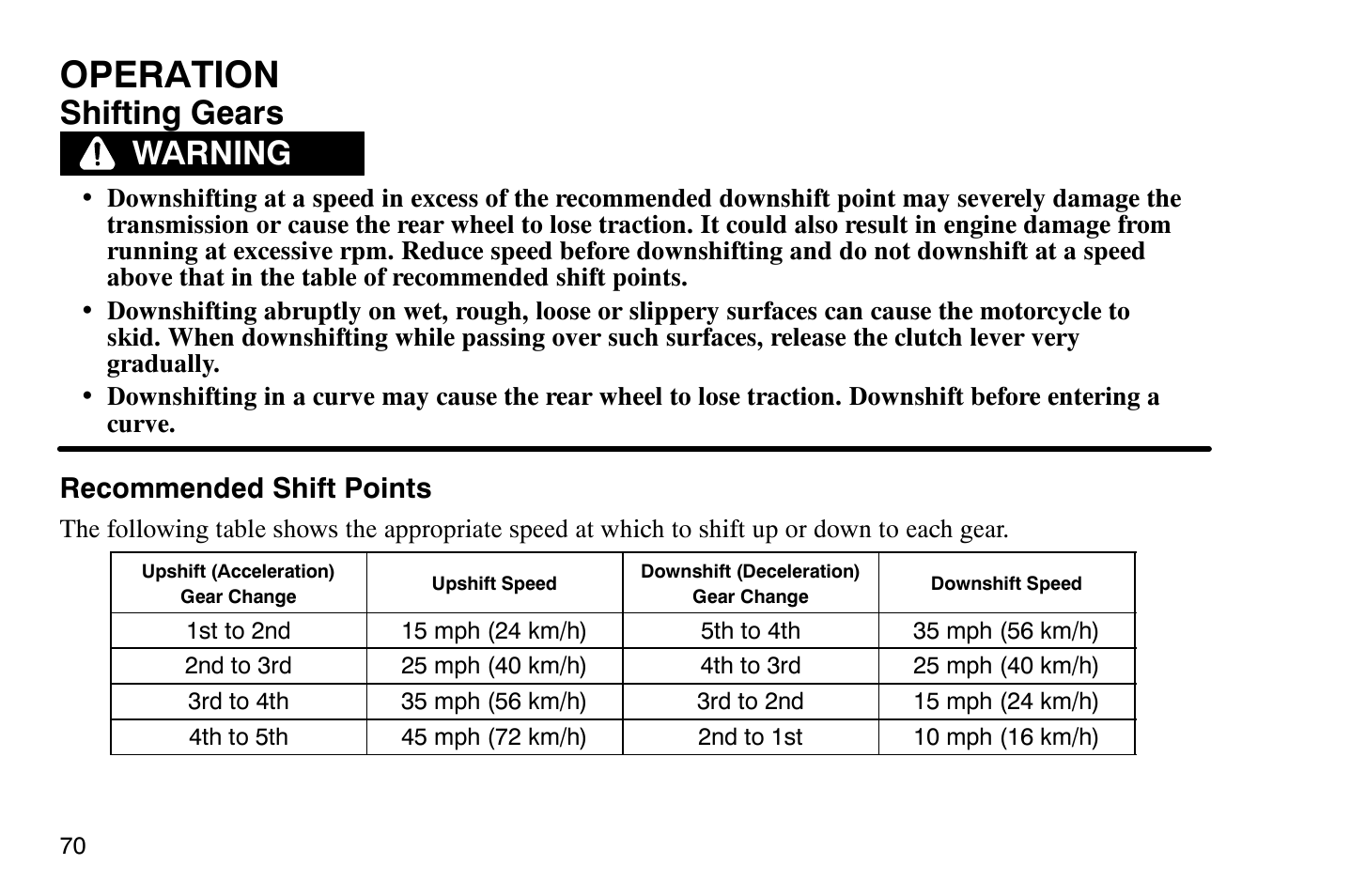 Operation, Shifting gears, Warning | Polaris 2004 Victory Vegas User Manual | Page 72 / 165