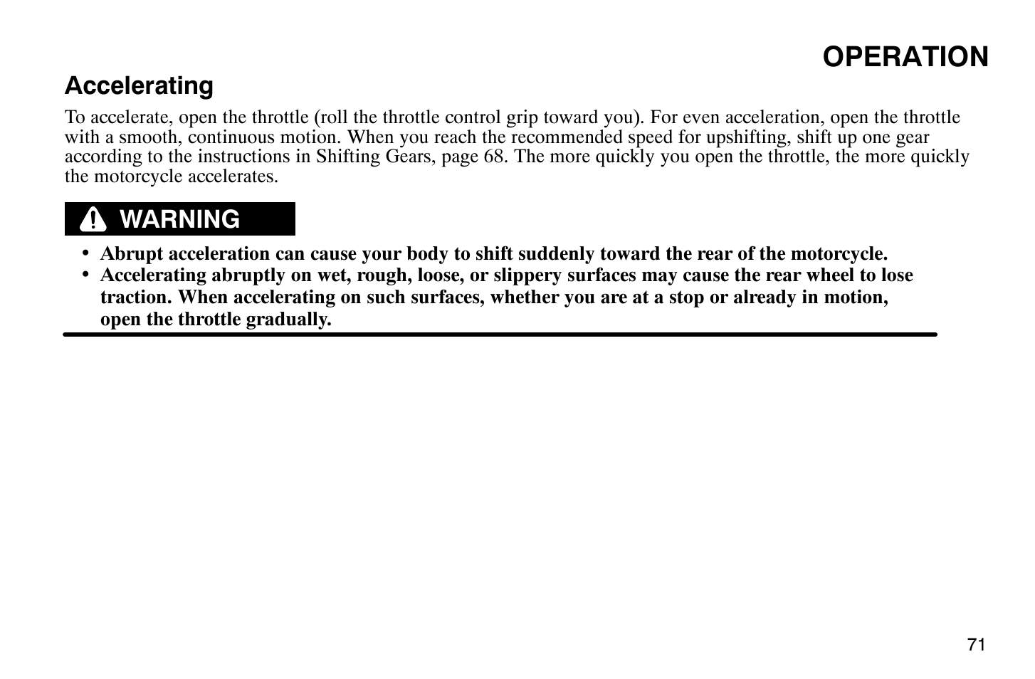 Operation, Accelerating, Warning | Polaris 2004 Victory Vegas User Manual | Page 73 / 165
