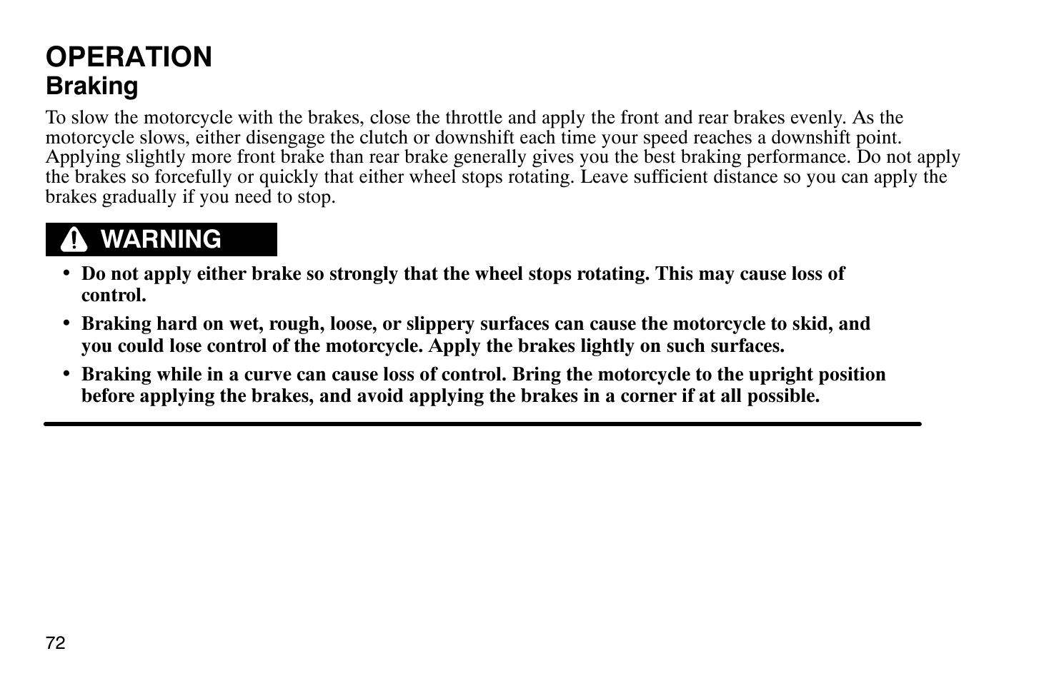 Operation, Braking, Warning | Polaris 2004 Victory Vegas User Manual | Page 74 / 165