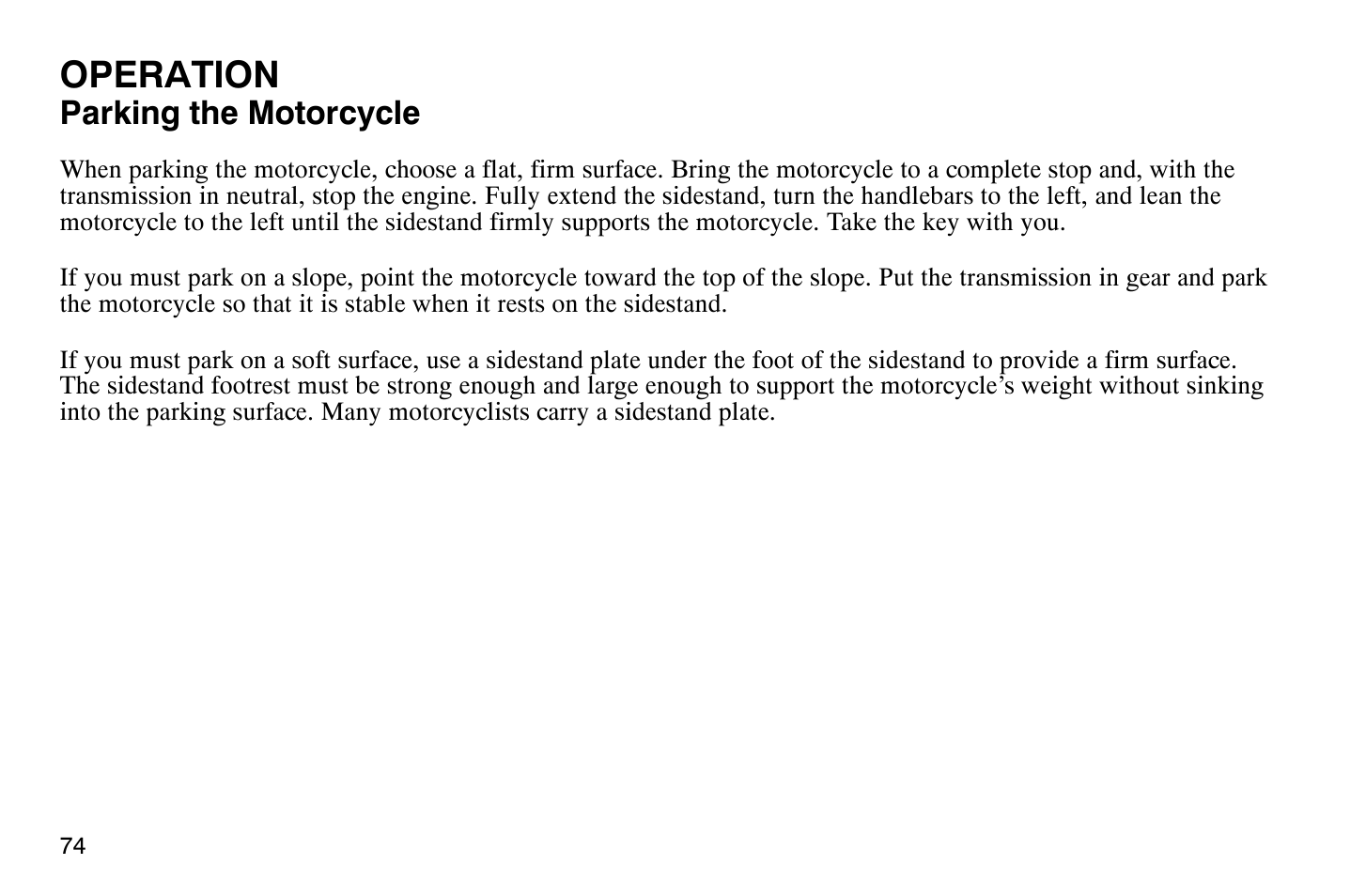 Operation, Parking the motorcycle | Polaris 2004 Victory Vegas User Manual | Page 76 / 165