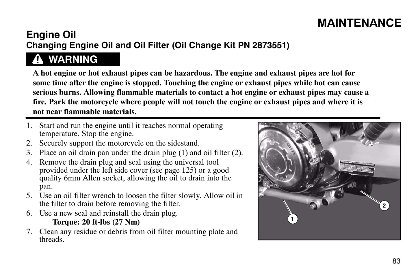 Maintenance, Engine oil, Warning | Polaris 2004 Victory Vegas User Manual | Page 85 / 165