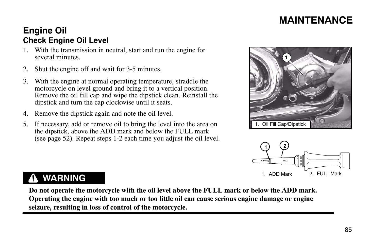 Maintenance, Engine oil, Warning | Polaris 2004 Victory Vegas User Manual | Page 87 / 165