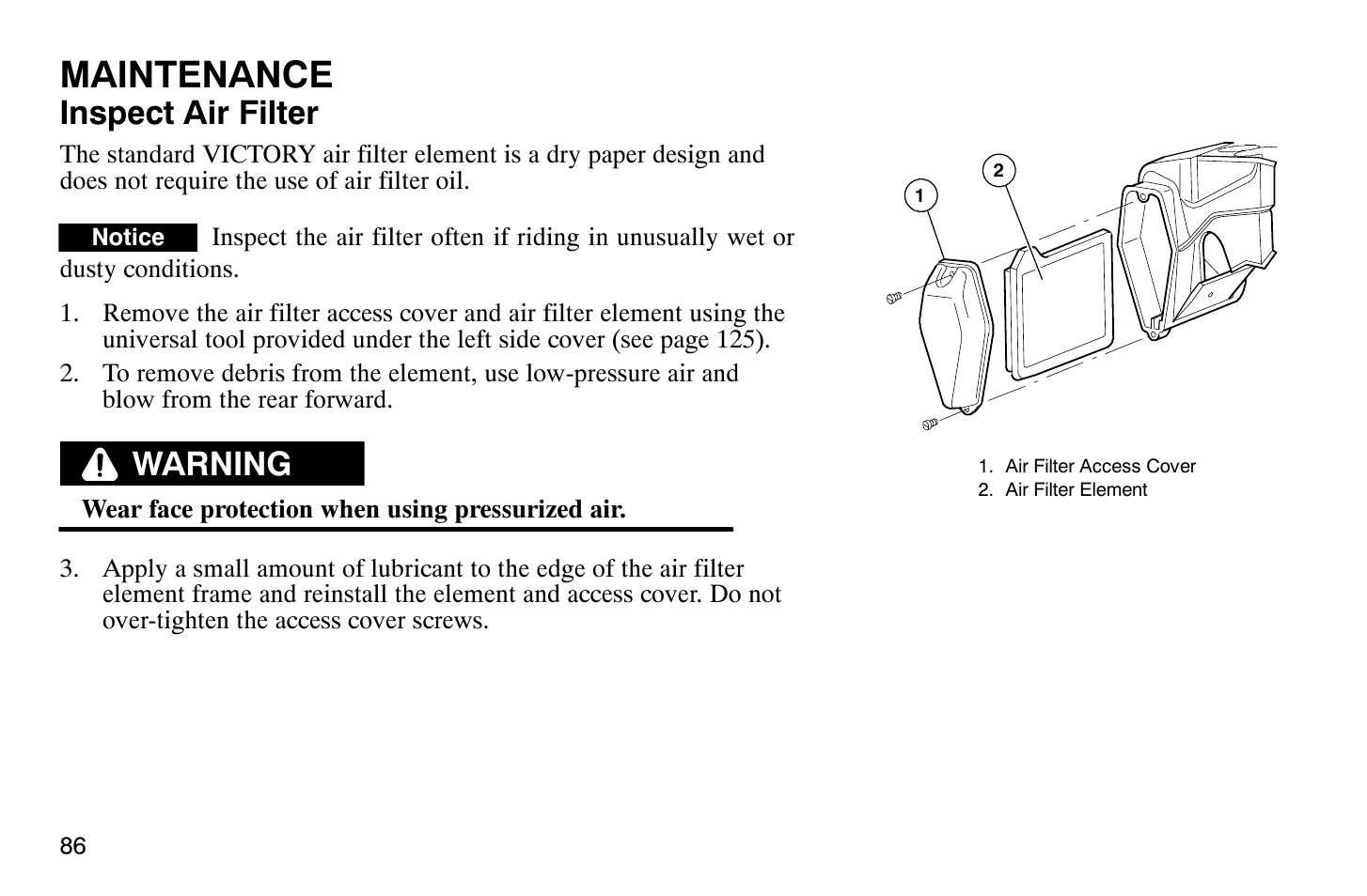 Maintenance, Inspect air filter, Warning | Polaris 2004 Victory Vegas User Manual | Page 88 / 165