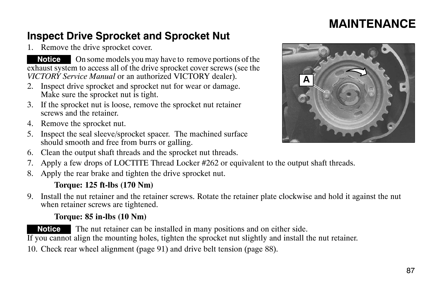 Maintenance, Inspect drive sprocket and sprocket nut | Polaris 2004 Victory Vegas User Manual | Page 89 / 165