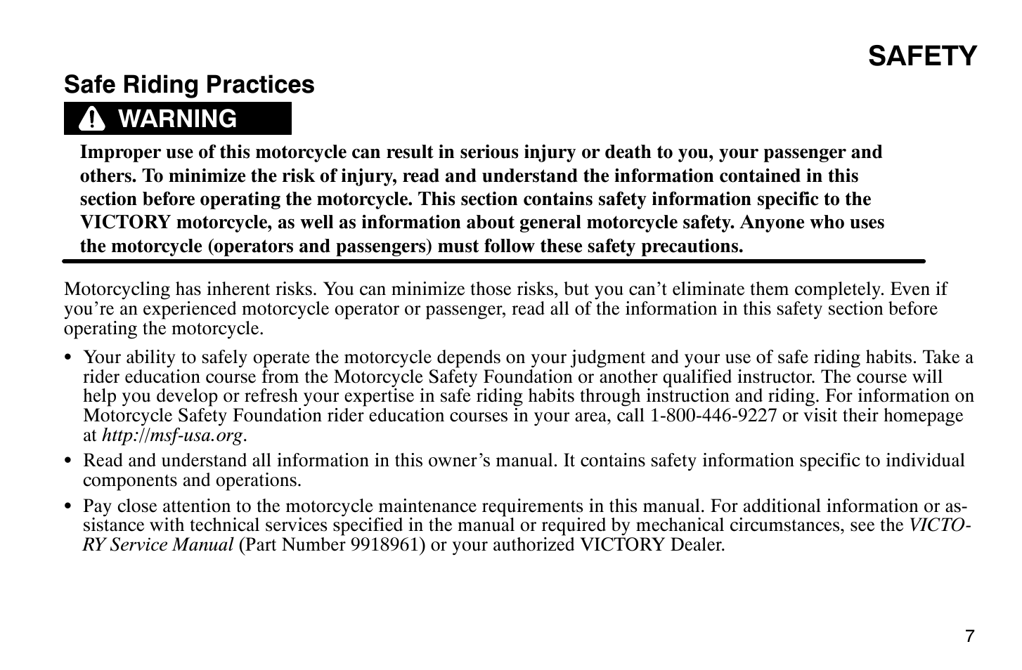 Safety, Safe riding practices, Warning | Polaris 2004 Victory Vegas User Manual | Page 9 / 165