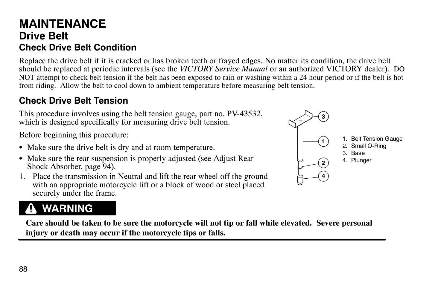 Maintenance, Drive belt, Warning | Polaris 2004 Victory Vegas User Manual | Page 90 / 165