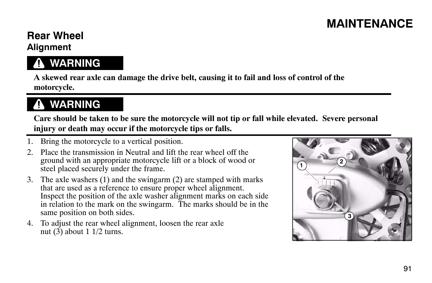 Maintenance, Rear wheel, Warning | Polaris 2004 Victory Vegas User Manual | Page 93 / 165
