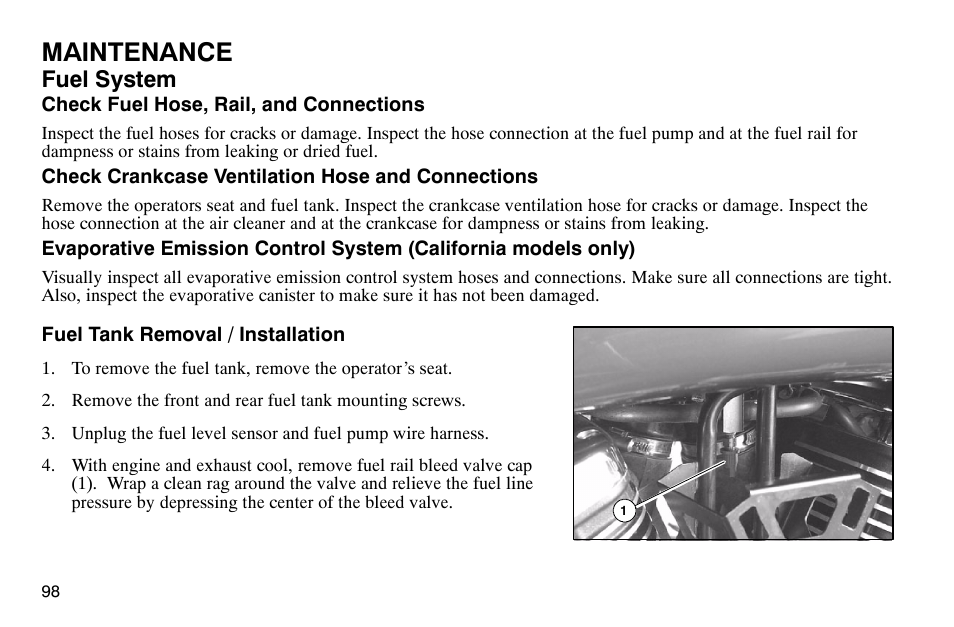 Maintenance, Fuel system | Polaris 2004 Victory Kingpin User Manual | Page 100 / 162