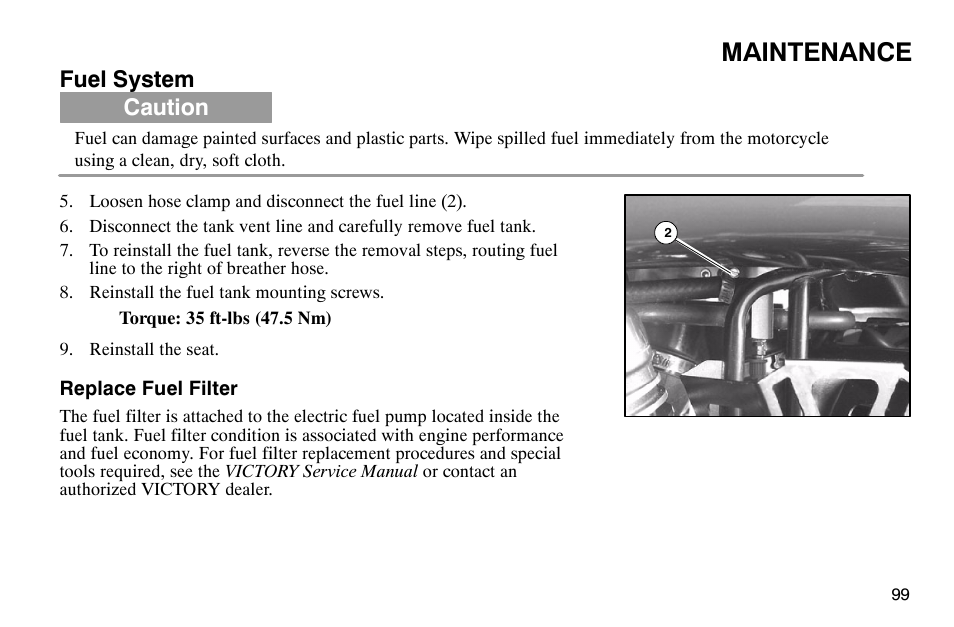 Maintenance, Fuel system, Caution | Polaris 2004 Victory Kingpin User Manual | Page 101 / 162