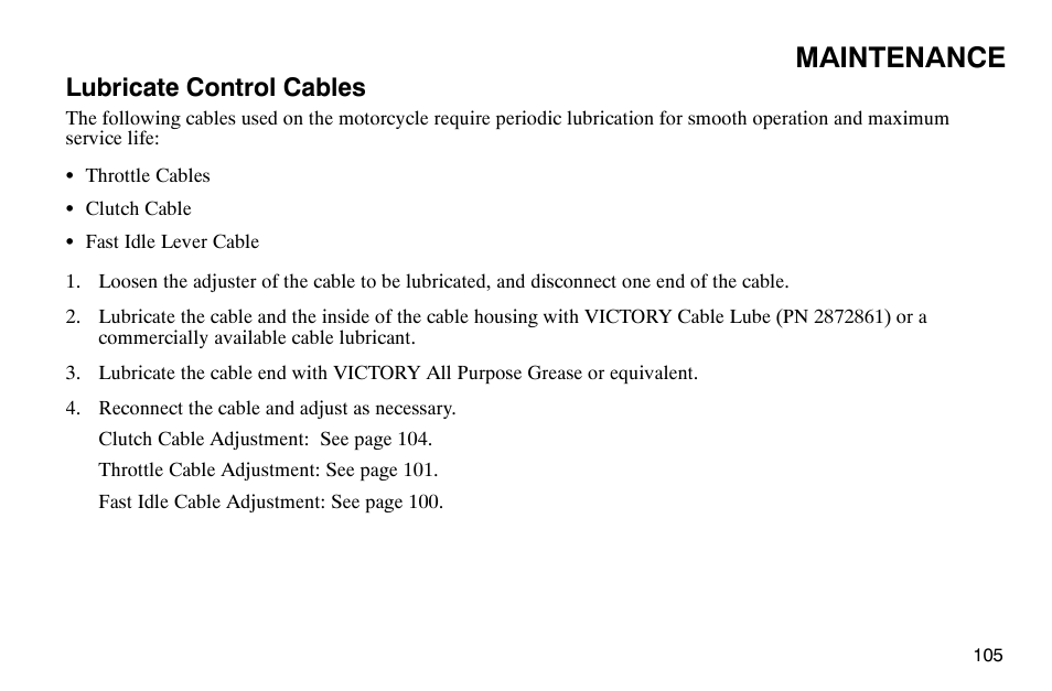 Maintenance, Lubricate control cables | Polaris 2004 Victory Kingpin User Manual | Page 107 / 162