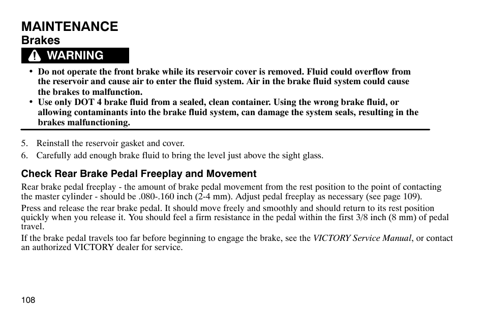 Maintenance, Brakes, Warning | Polaris 2004 Victory Kingpin User Manual | Page 110 / 162