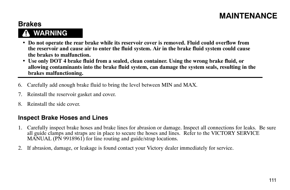 Maintenance, Brakes, Warning | Polaris 2004 Victory Kingpin User Manual | Page 113 / 162