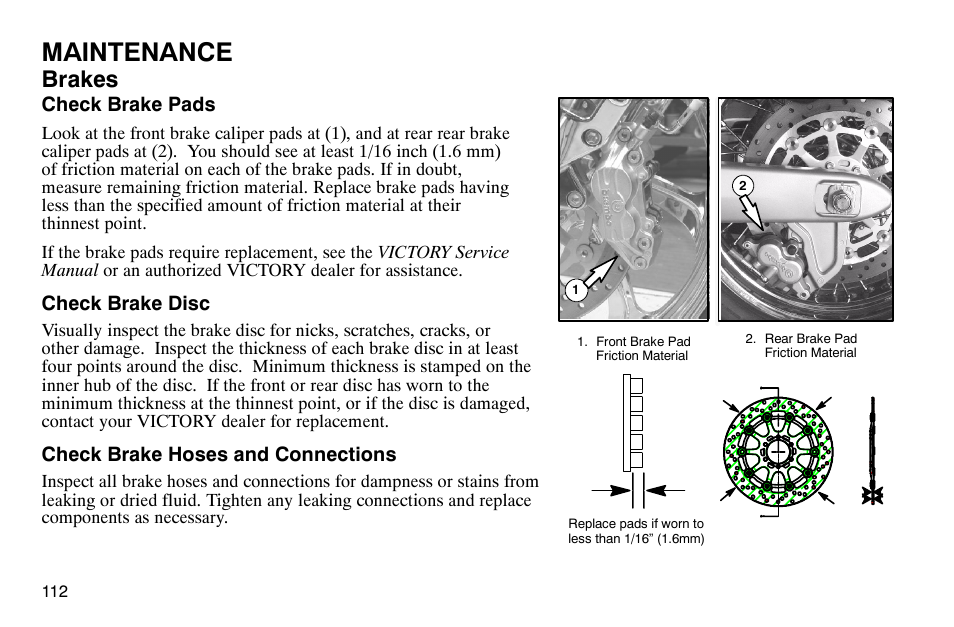 Maintenance, Brakes | Polaris 2004 Victory Kingpin User Manual | Page 114 / 162