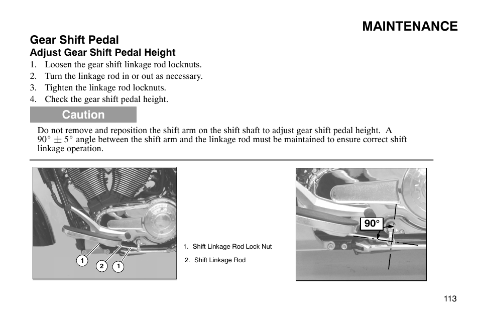 Maintenance, Gear shift pedal, Caution | Polaris 2004 Victory Kingpin User Manual | Page 115 / 162