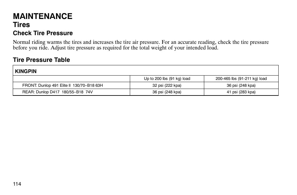 Maintenance, Tires, Check tire pressure | Tire pressure table | Polaris 2004 Victory Kingpin User Manual | Page 116 / 162