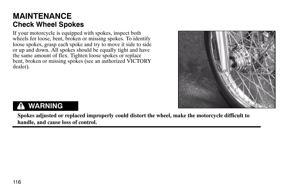 Maintenance, Check wheel spokes, Warning | Polaris 2004 Victory Kingpin User Manual | Page 118 / 162