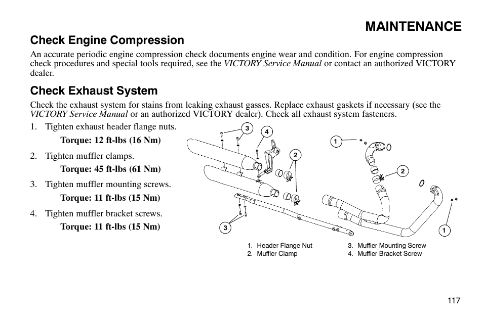 Maintenance, Check engine compression, Check exhaust system | Polaris 2004 Victory Kingpin User Manual | Page 119 / 162