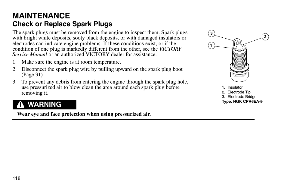 Maintenance, Check or replace spark plugs, Warning | Polaris 2004 Victory Kingpin User Manual | Page 120 / 162