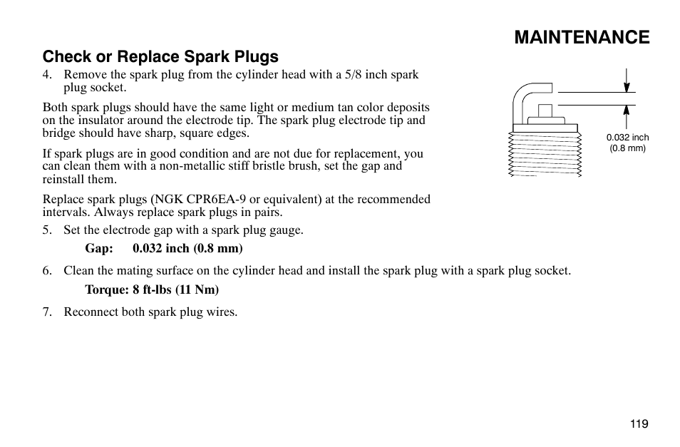 Maintenance, Check or replace spark plugs | Polaris 2004 Victory Kingpin User Manual | Page 121 / 162