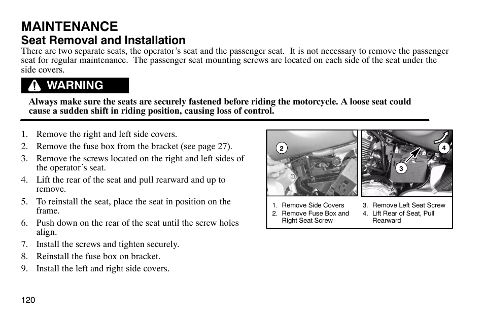 Maintenance, Seat removal and installation, Warning | Polaris 2004 Victory Kingpin User Manual | Page 122 / 162