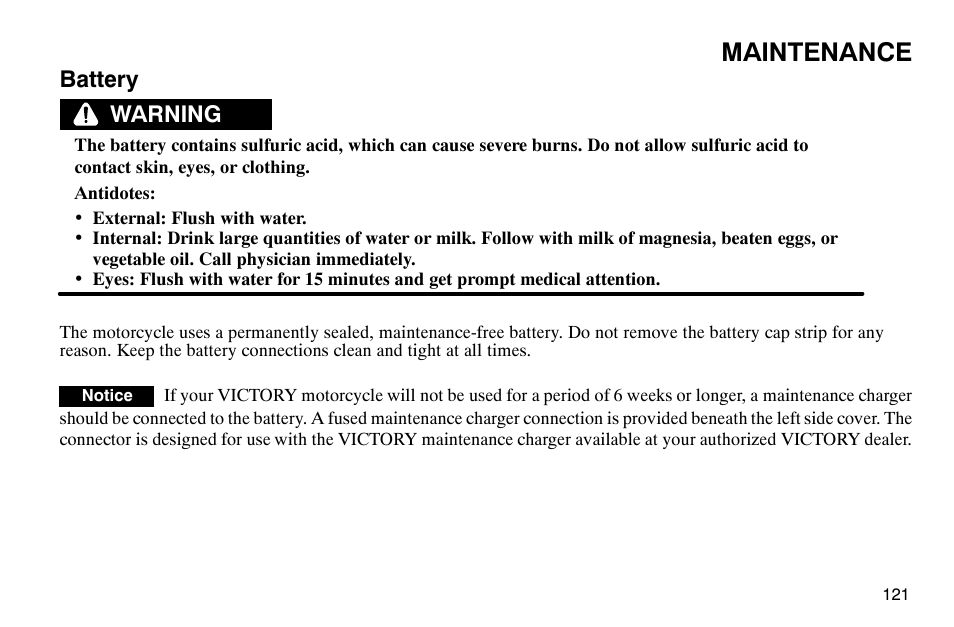 Maintenance, Battery, Warning | Polaris 2004 Victory Kingpin User Manual | Page 123 / 162