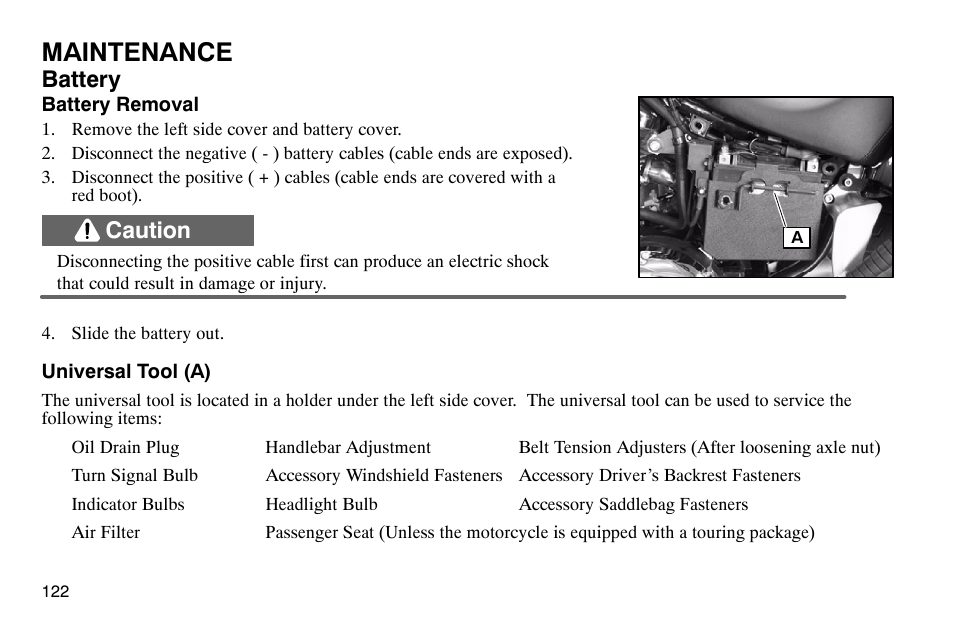 Maintenance, Battery, Caution | Polaris 2004 Victory Kingpin User Manual | Page 124 / 162