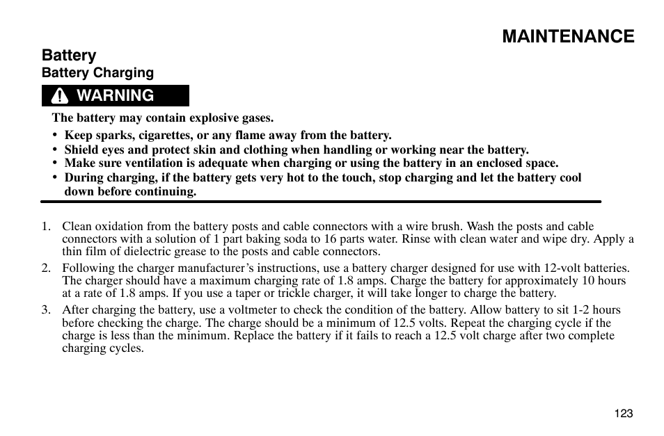 Maintenance, Battery, Warning | Polaris 2004 Victory Kingpin User Manual | Page 125 / 162