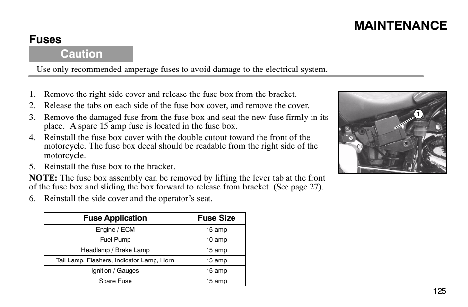 Maintenance, Fuses, Caution | Polaris 2004 Victory Kingpin User Manual | Page 127 / 162