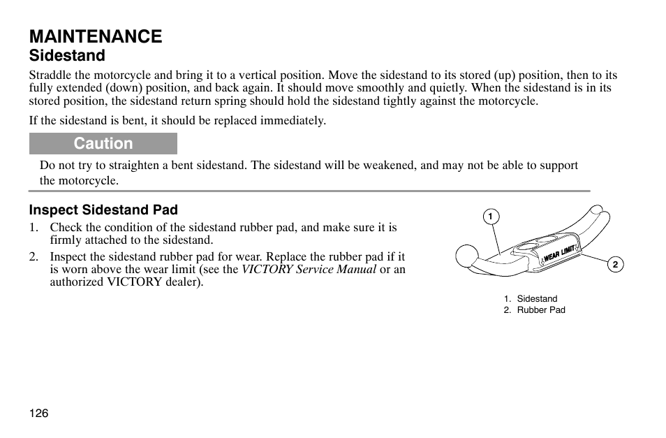 Maintenance, Sidestand, Caution | Polaris 2004 Victory Kingpin User Manual | Page 128 / 162