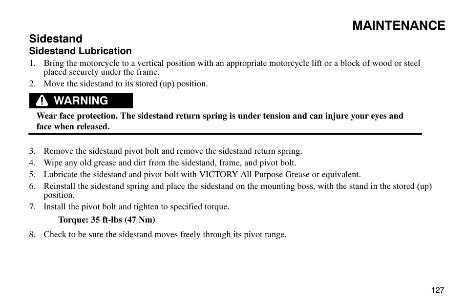 Maintenance, Sidestand, Warning | Polaris 2004 Victory Kingpin User Manual | Page 129 / 162