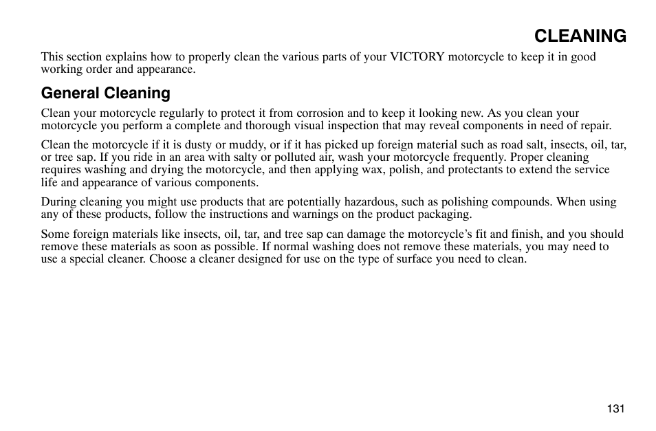 Cleaning, General cleaning | Polaris 2004 Victory Kingpin User Manual | Page 133 / 162