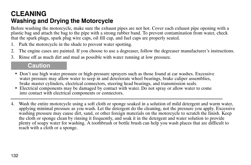 Cleaning, Washing and drying the motorcycle, Caution | Polaris 2004 Victory Kingpin User Manual | Page 134 / 162