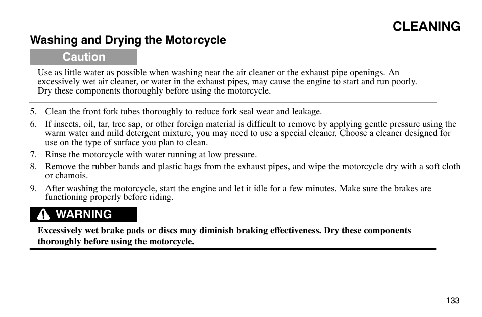 Cleaning, Washing and drying the motorcycle, Caution | Warning | Polaris 2004 Victory Kingpin User Manual | Page 135 / 162