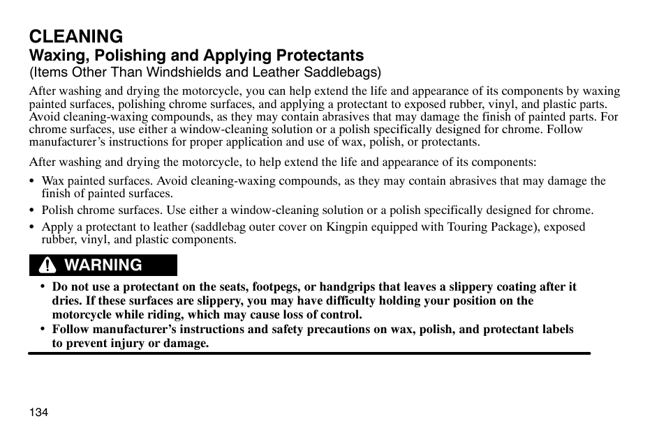 Cleaning, Waxing, polishing and applying protectants, Warning | Polaris 2004 Victory Kingpin User Manual | Page 136 / 162