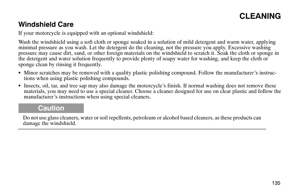 Cleaning, Windshield care, Caution | Polaris 2004 Victory Kingpin User Manual | Page 137 / 162