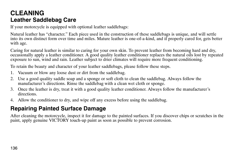 Cleaning, Leather saddlebag care, Repairing painted surface damage | Polaris 2004 Victory Kingpin User Manual | Page 138 / 162