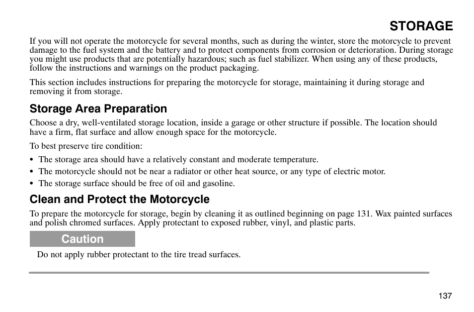 Storage, Storage area preparation, Clean and protect the motorcycle | Caution | Polaris 2004 Victory Kingpin User Manual | Page 139 / 162