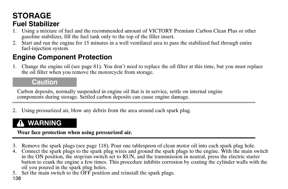 Storage, Fuel stabilizer, Engine component protection | Caution, Warning | Polaris 2004 Victory Kingpin User Manual | Page 140 / 162